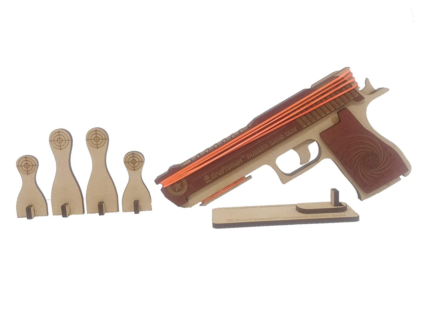 Semi-Automatic Wooden Rubber Band Shooting Gun Toys for Kids & Adults with Target | 5 Rapid Fire Shots (Beige)